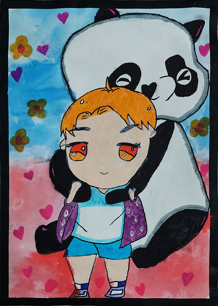 水彩卡通-熊猫和小朋友（20220123）